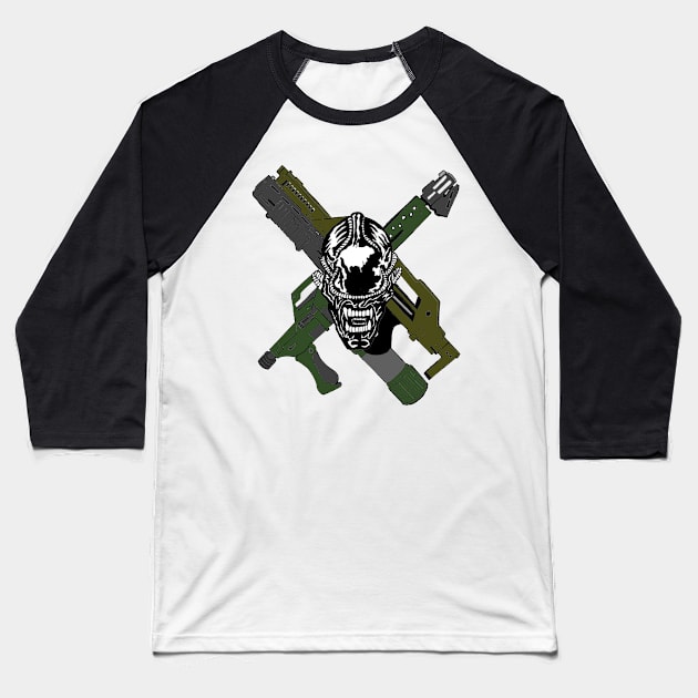 Aliens - Skull and Cross Guns Baseball T-Shirt by Joseph Baker